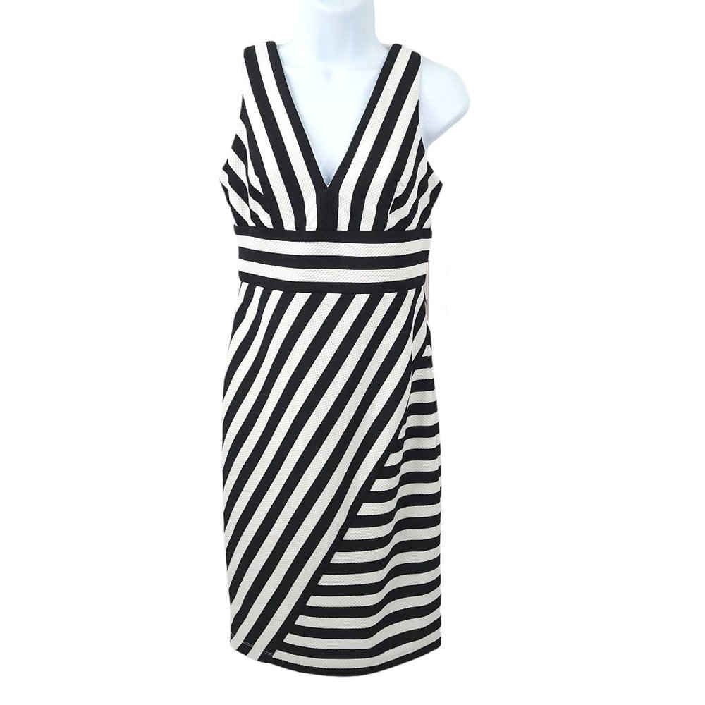 Bisou Bisou Michele Bohbot Sleeveless Pencil Dress Size 2 Black White Stripe NEW